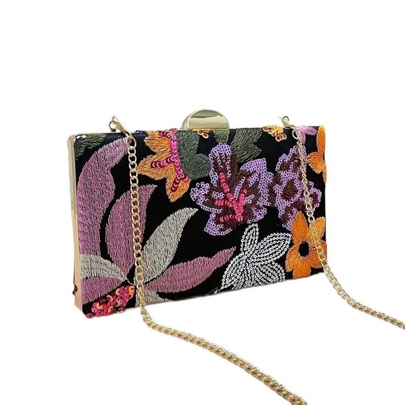 Elegant Floral Sequin Evening Clutch with Gold Chain – Multicolor - Picture 1 of 9